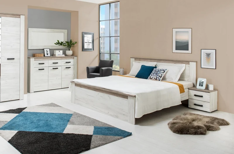 Credenza "Denmark", con 3 ante e 3 cassetti, color rovere sbiancato, con struttura in truciolare rivestito, mobile in kit