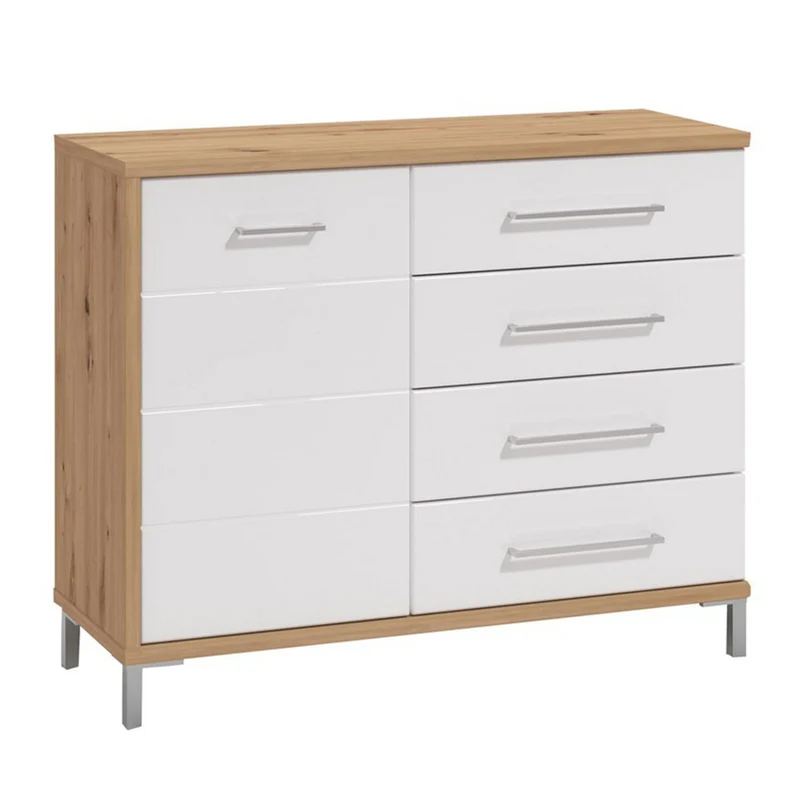 Credenza "Stockholm", con 1 anta e 4 cassetti, color rovere antico e bianco, con struttura in truciolare rivestito, mobile in kit