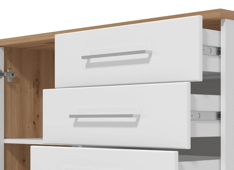 Credenza "Stockholm", con 1 anta e 4 cassetti, color rovere antico e bianco, con struttura in truciolare rivestito, mobile in kit