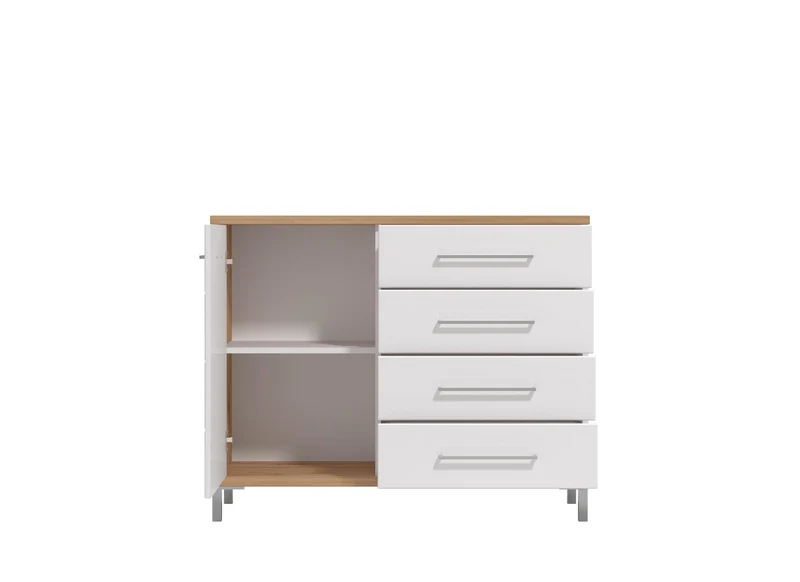 Credenza "Stockholm", con 1 anta e 4 cassetti, color rovere antico e bianco, con struttura in truciolare rivestito, mobile in kit