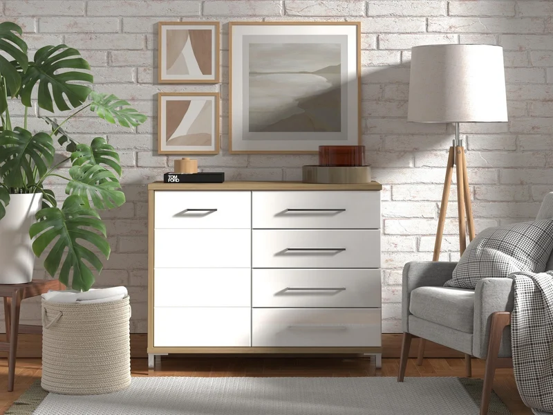 Credenza "Stockholm", con 1 anta e 4 cassetti, color rovere antico e bianco, con struttura in truciolare rivestito, mobile in kit
