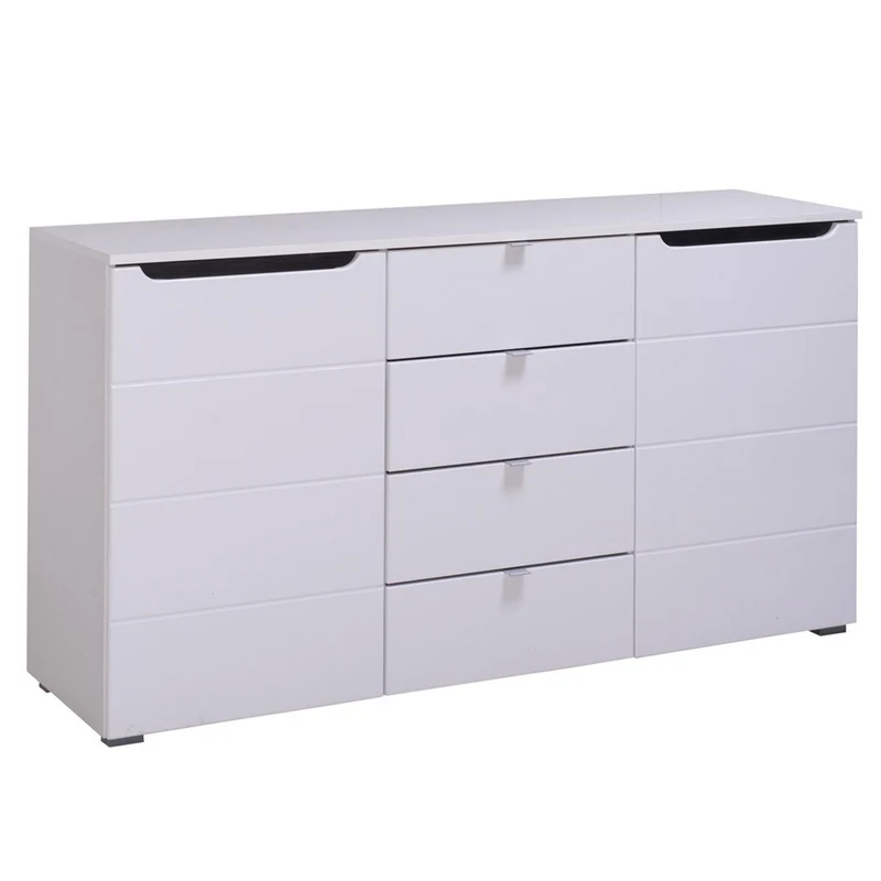 Credenza "Zurich", con 2 ante e 4 cassetti, color bianco opaco, con struttura in truciolare rivestito, mobile in kit