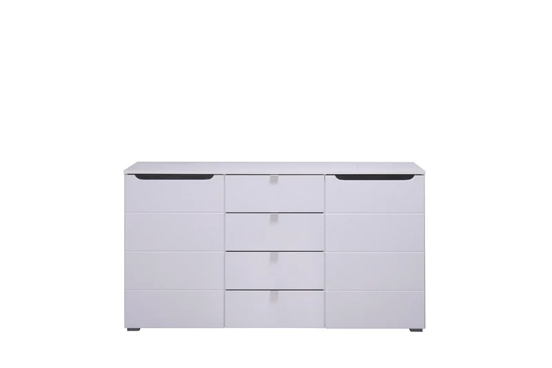 Credenza "Zurich", con 2 ante e 4 cassetti, color bianco opaco, con struttura in truciolare rivestito, mobile in kit