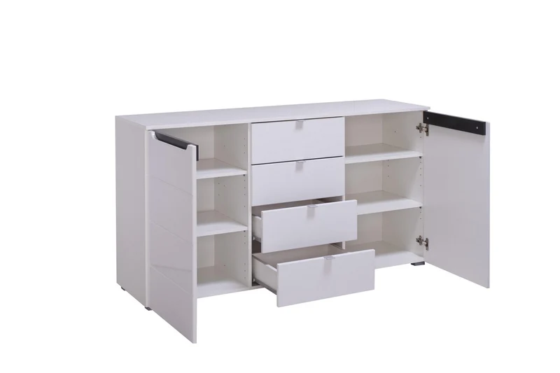 Credenza "Zurich", con 2 ante e 4 cassetti, color bianco opaco, con struttura in truciolare rivestito, mobile in kit