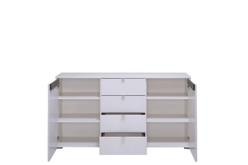Credenza "Zurich", con 2 ante e 4 cassetti, color bianco opaco, con struttura in truciolare rivestito, mobile in kit