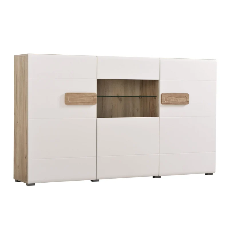 Credenza "Italy", color bianco lucido-rovere, con struttura in truciolare rivestito, mobile in kit