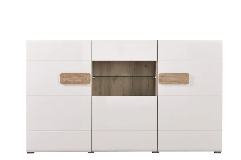 Credenza "Italy", color bianco lucido-rovere, con struttura in truciolare rivestito, mobile in kit