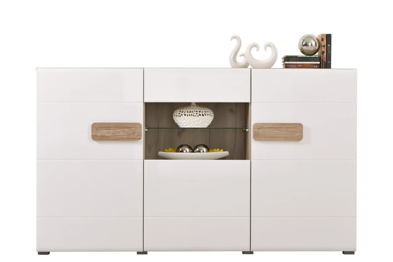 Credenza "Italy", color bianco lucido-rovere, con struttura in truciolare rivestito, mobile in kit