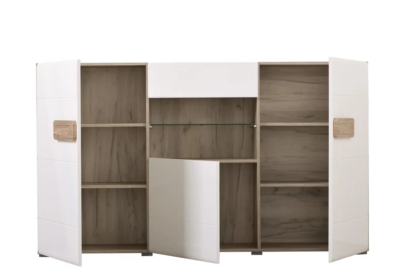 Credenza "Italy", color bianco lucido-rovere, con struttura in truciolare rivestito, mobile in kit