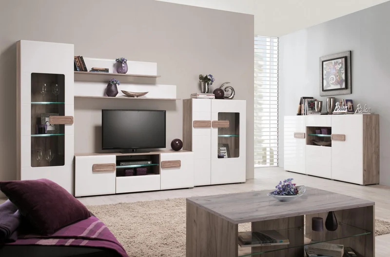 Credenza "Italy", color bianco lucido-rovere, con struttura in truciolare rivestito, mobile in kit