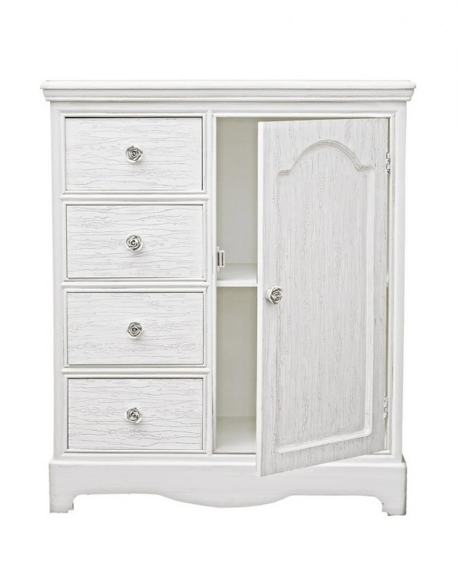 Credenza "Blanc" con struttura in MDF, finitura bianca opaca, effetto decapato, stile classico