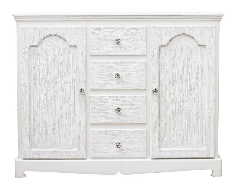 Credenza "Blanc" con struttura in MDF, finitura bianca opaca, effetto decapato, stile classico