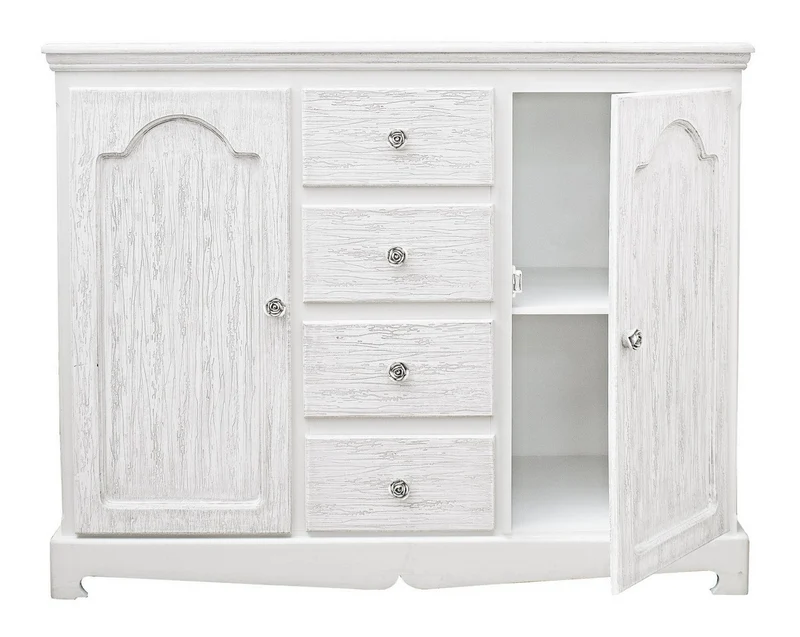 Credenza "Blanc" con struttura in MDF, finitura bianca opaca, effetto decapato, stile classico