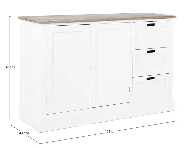 Credenza "Dorotea" con struttura in MDF, maniglie in legno di pino