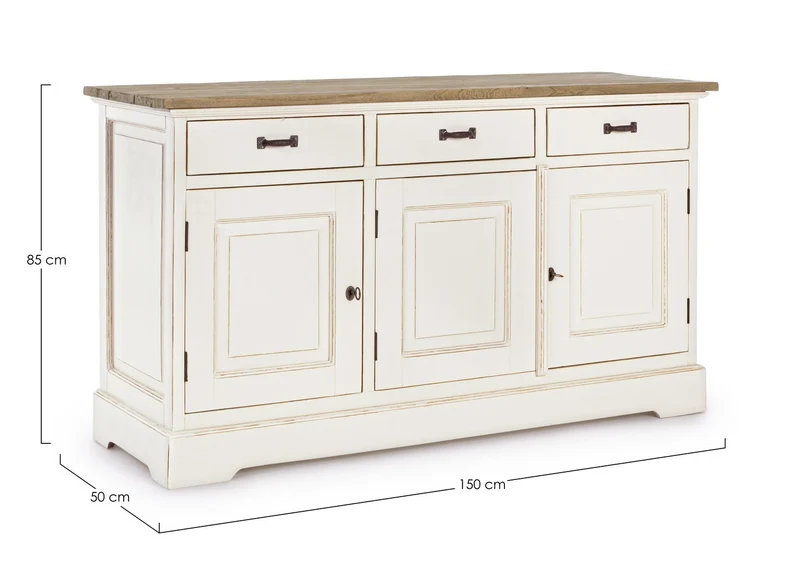 Credenza "Siena" 3 ante e 3 cassetti, con struttura in legno Wadang, stile rustico