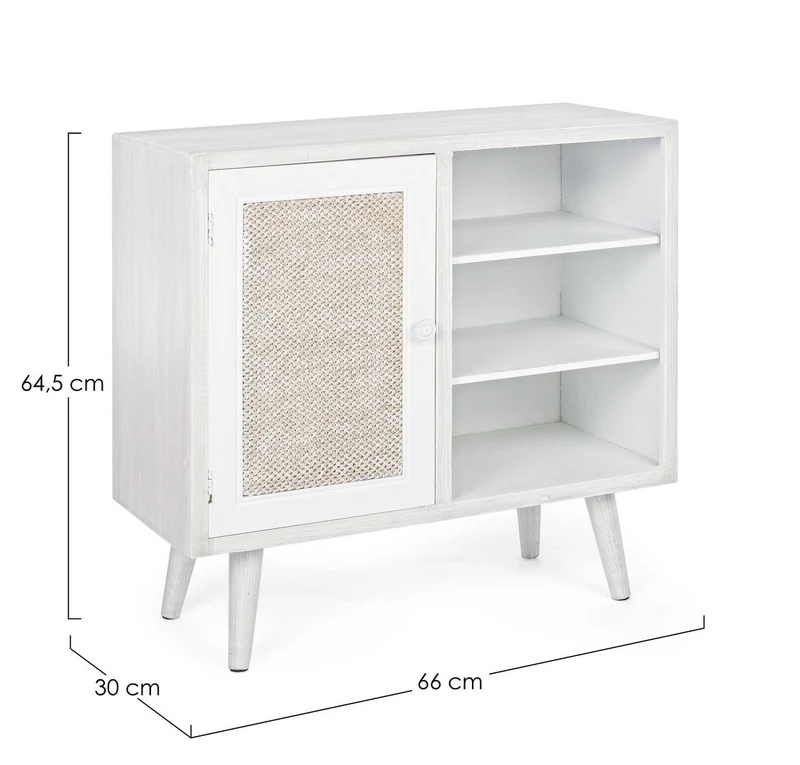 Credenza "Montiel" in legno MDF, con anta frontale rivestito in tessuto, finitura con vernice a base d'acqua, stile rustico