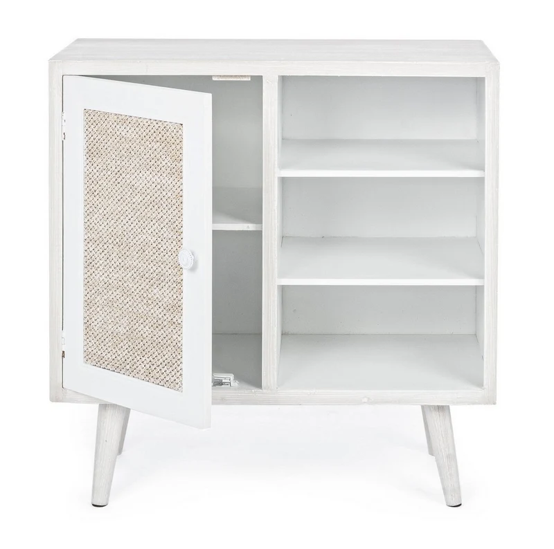 Credenza "Montiel" in legno MDF, con anta frontale rivestito in tessuto, finitura con vernice a base d'acqua, stile rustico