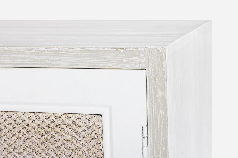 Credenza "Montiel" in legno MDF, con anta frontale rivestito in tessuto, finitura con vernice a base d'acqua, stile rustico