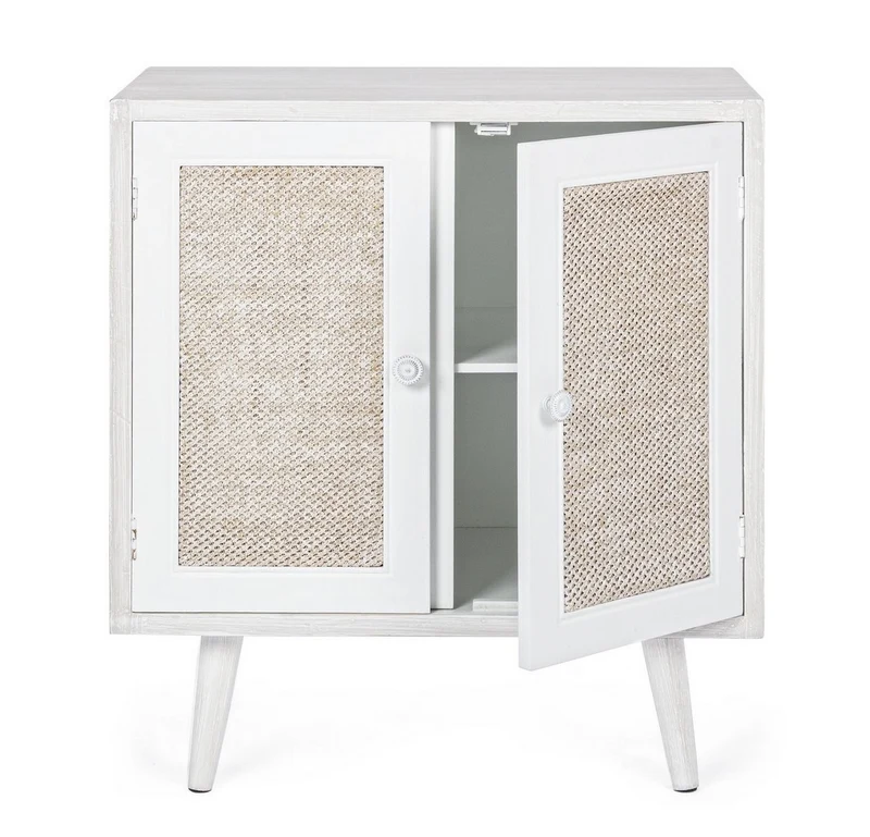 Credenza "Montiel" in legno MDF, con anta frontale rivestito in tessuto, finitura con vernice a base d'acqua, stile rustico