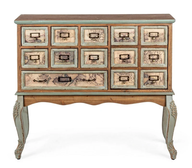 Credenza "Kompart" 1 anta e 7 cassetti, con struttura in legno di pino, stile industriale