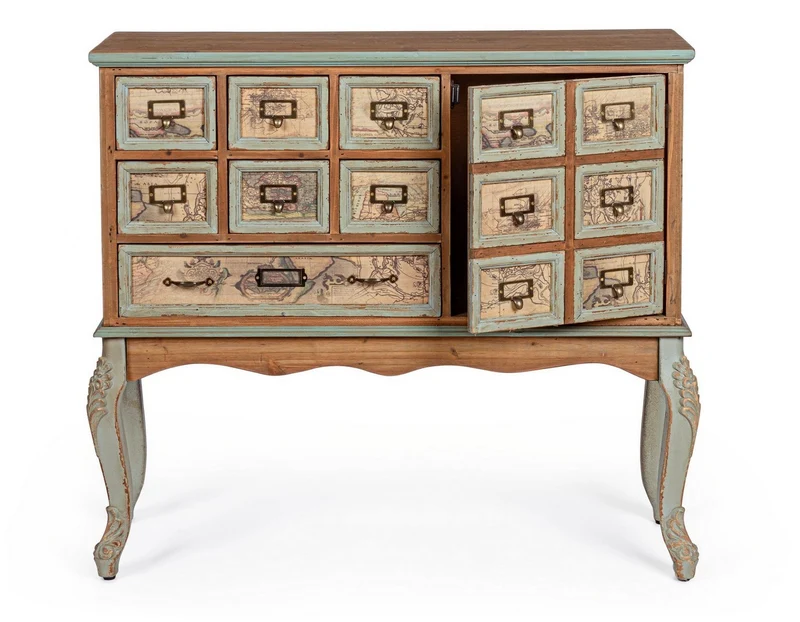 Credenza "Kompart" 1 anta e 7 cassetti, con struttura in legno di pino, stile industriale