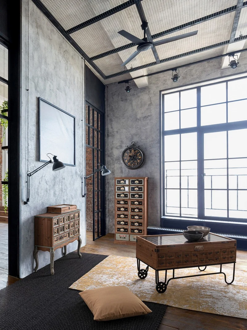 Credenza "Kompart" 1 anta e 7 cassetti, con struttura in legno di pino, stile industriale