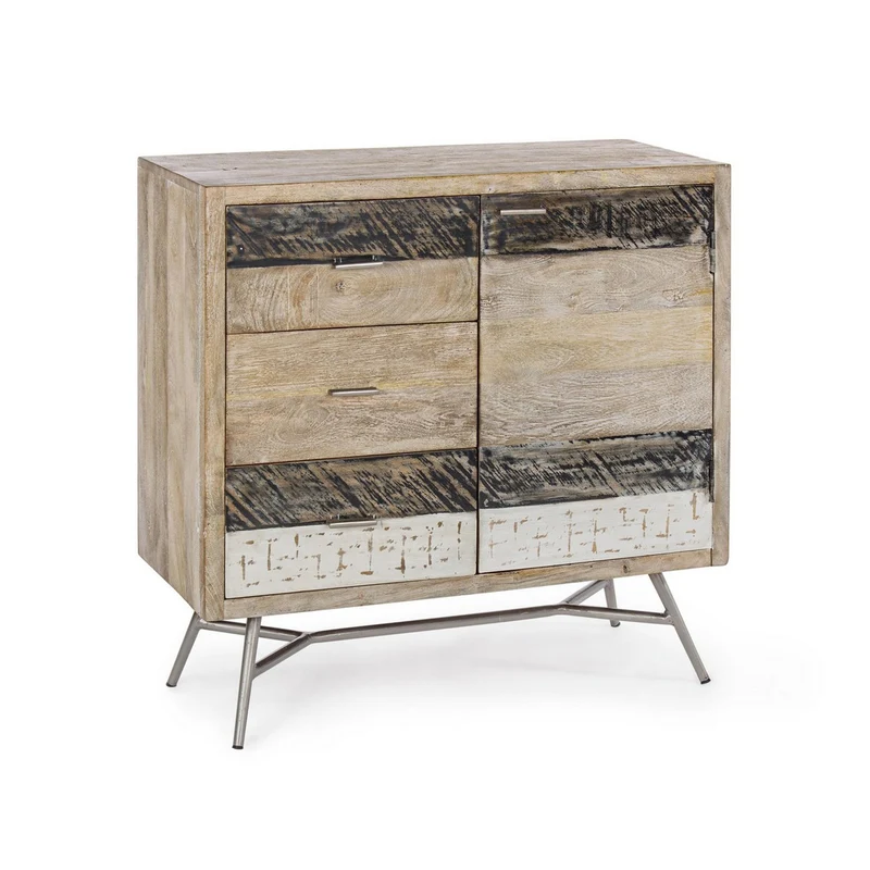 Credenza "Leiston" 1 anta e 3 cassetti, con struttura in legno di mango, stile industriale