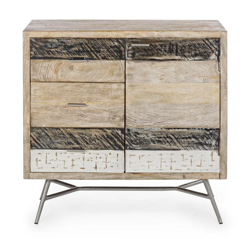 Credenza "Leiston" 1 anta e 3 cassetti, con struttura in legno di mango, stile industriale