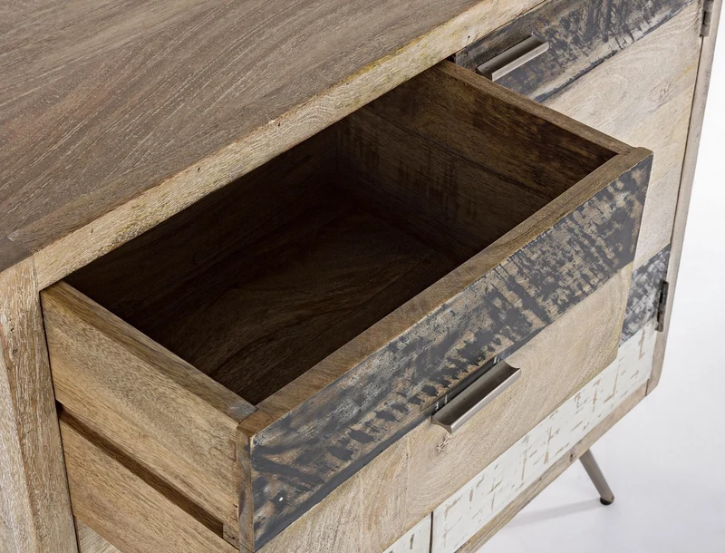 Credenza "Leiston" 1 anta e 3 cassetti, con struttura in legno di mango, stile industriale