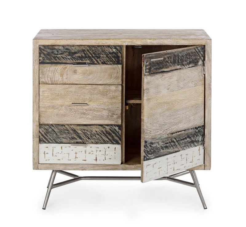 Credenza "Leiston" 1 anta e 3 cassetti, con struttura in legno di mango, stile industriale