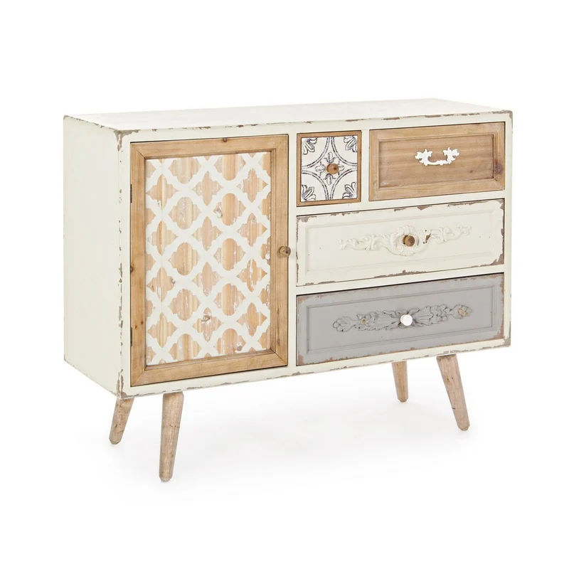 Credenza "Aurelie", 1 anta e 4 cassetti, con struttura in legno di abete, stile classico