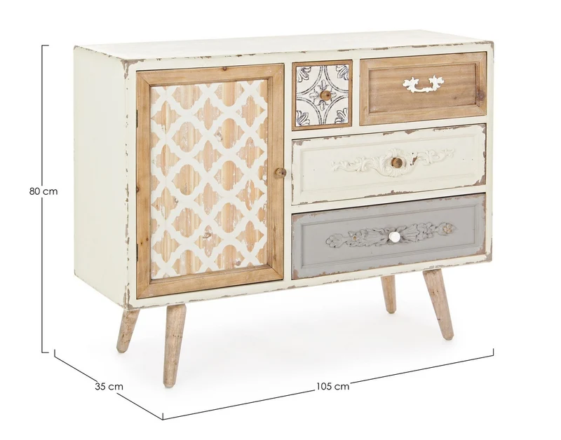 Credenza "Aurelie", 1 anta e 4 cassetti, con struttura in legno di abete, stile classico