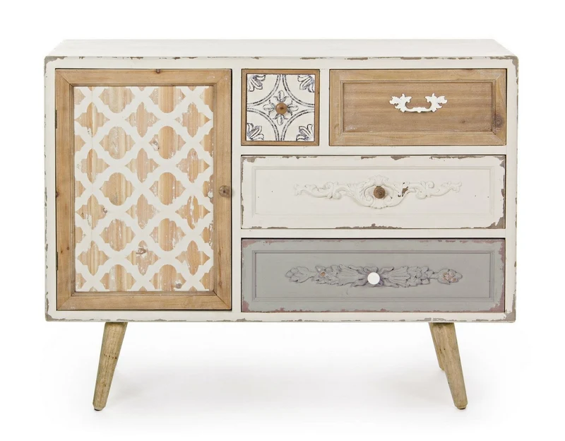 Credenza "Aurelie", 1 anta e 4 cassetti, con struttura in legno di abete, stile classico