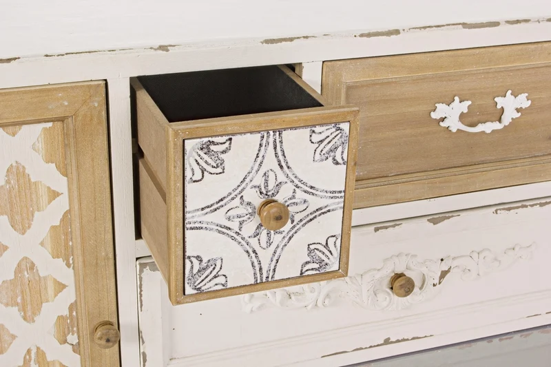 Credenza "Aurelie", 1 anta e 4 cassetti, con struttura in legno di abete, stile classico