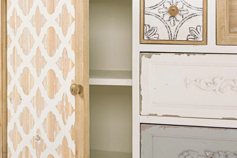 Credenza "Aurelie", 1 anta e 4 cassetti, con struttura in legno di abete, stile classico