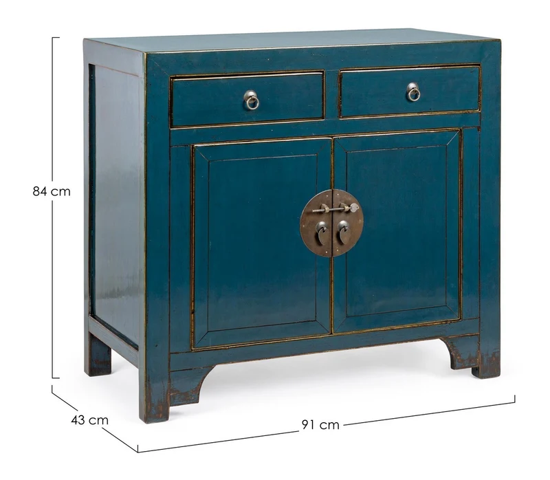 Credenza "Jinan", struttura in legno di olmo riciclato, con finitura lucida, maniglie in rame