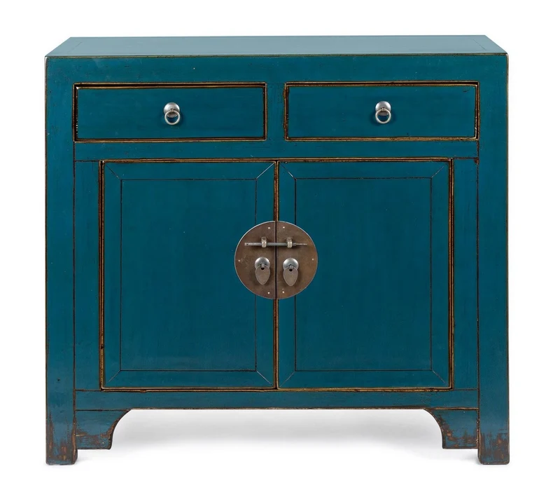 Credenza "Jinan", struttura in legno di olmo riciclato, con finitura lucida, maniglie in rame