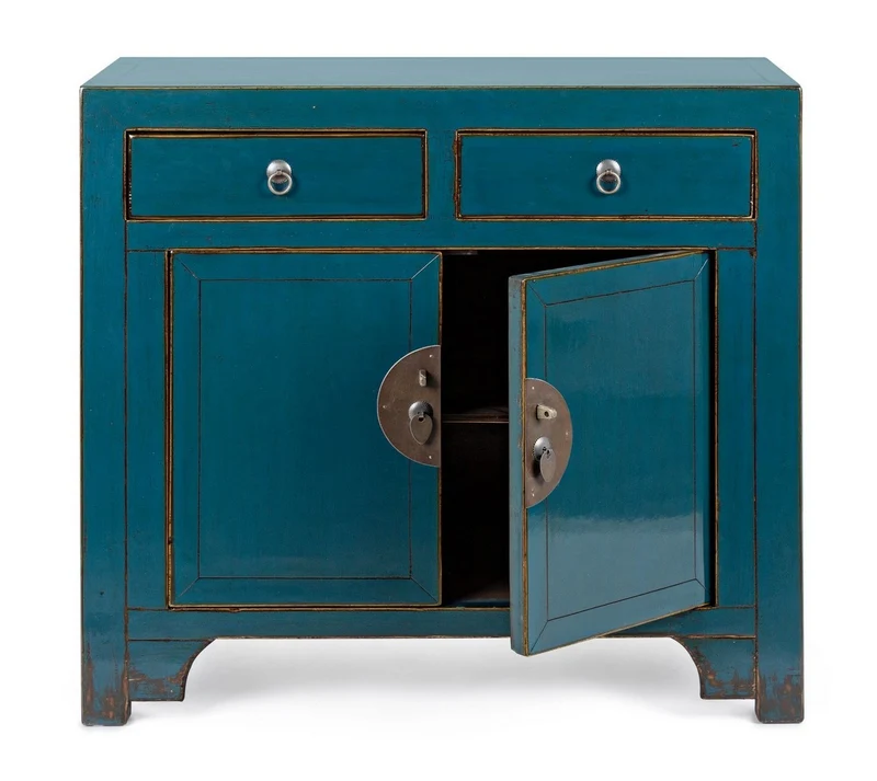 Credenza "Jinan", struttura in legno di olmo riciclato, con finitura lucida, maniglie in rame