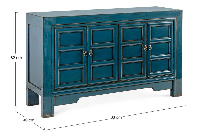 Credenza "Jinan", struttura in legno di olmo riciclato, con finitura lucida, maniglie in rame