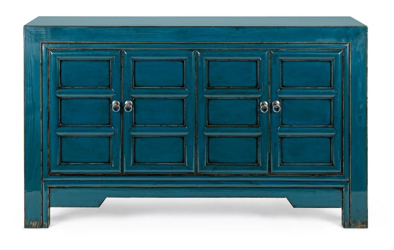 Credenza "Jinan", struttura in legno di olmo riciclato, con finitura lucida, maniglie in rame