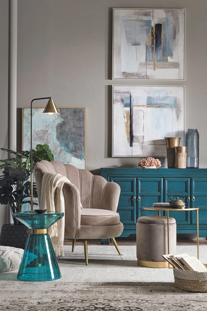 Credenza "Jinan", struttura in legno di olmo riciclato, con finitura lucida, maniglie in rame