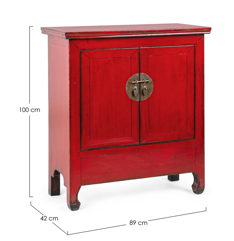 Credenza "Jinan", struttura in legno di olmo riciclato, con finitura lucida, maniglie in rame