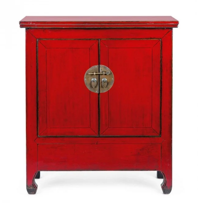 Credenza "Jinan", struttura in legno di olmo riciclato, con finitura lucida, maniglie in rame