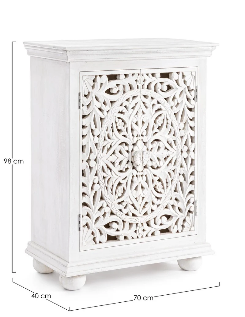Credenza "Alinta" bianca, struttura in legno di mango, con ante intarsiate a mano, stile fusion
