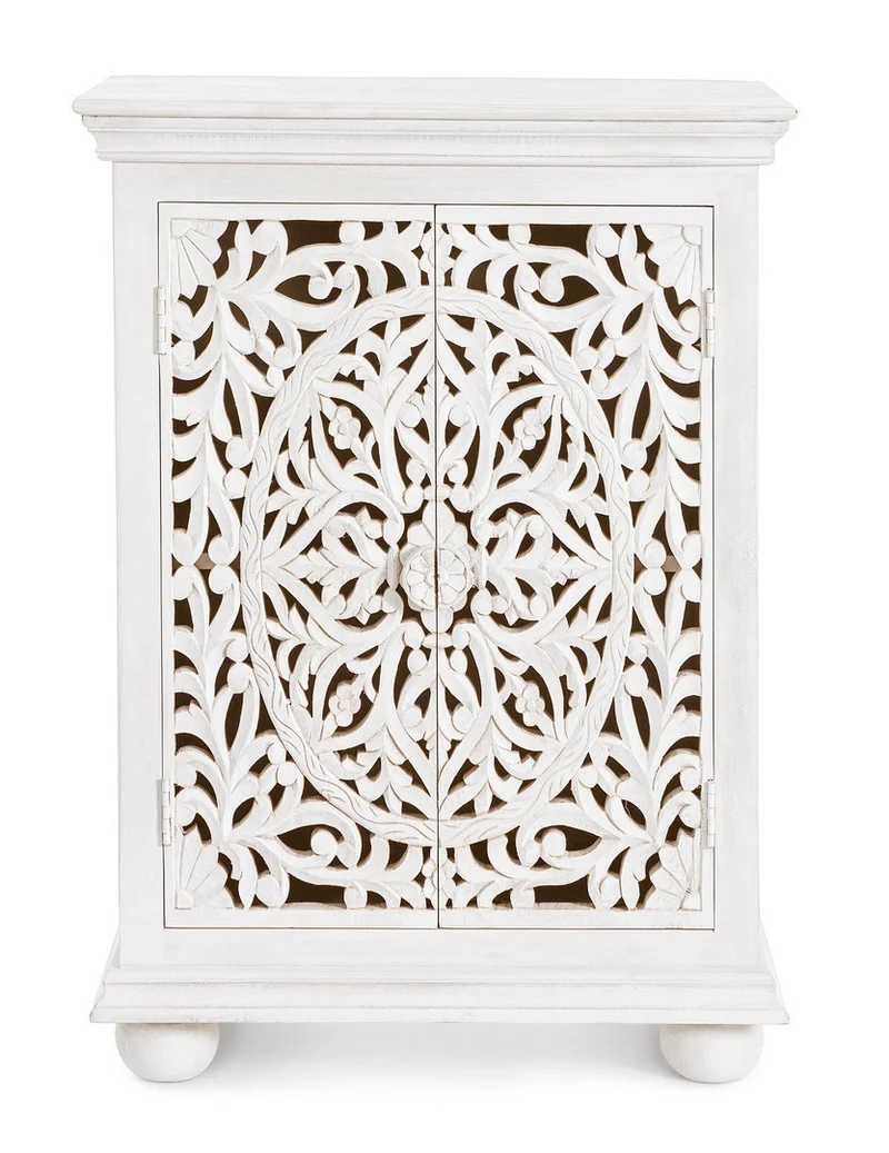 Credenza "Alinta" bianca, struttura in legno di mango, con ante intarsiate a mano, stile fusion