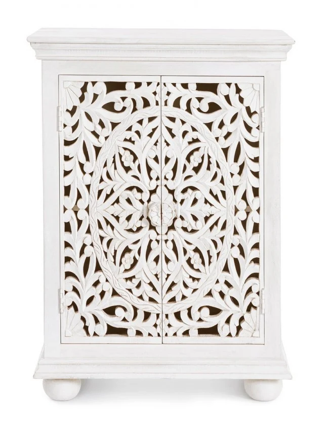 Credenza "Alinta" bianca, struttura in legno di mango, con ante intarsiate a mano, stile fusion