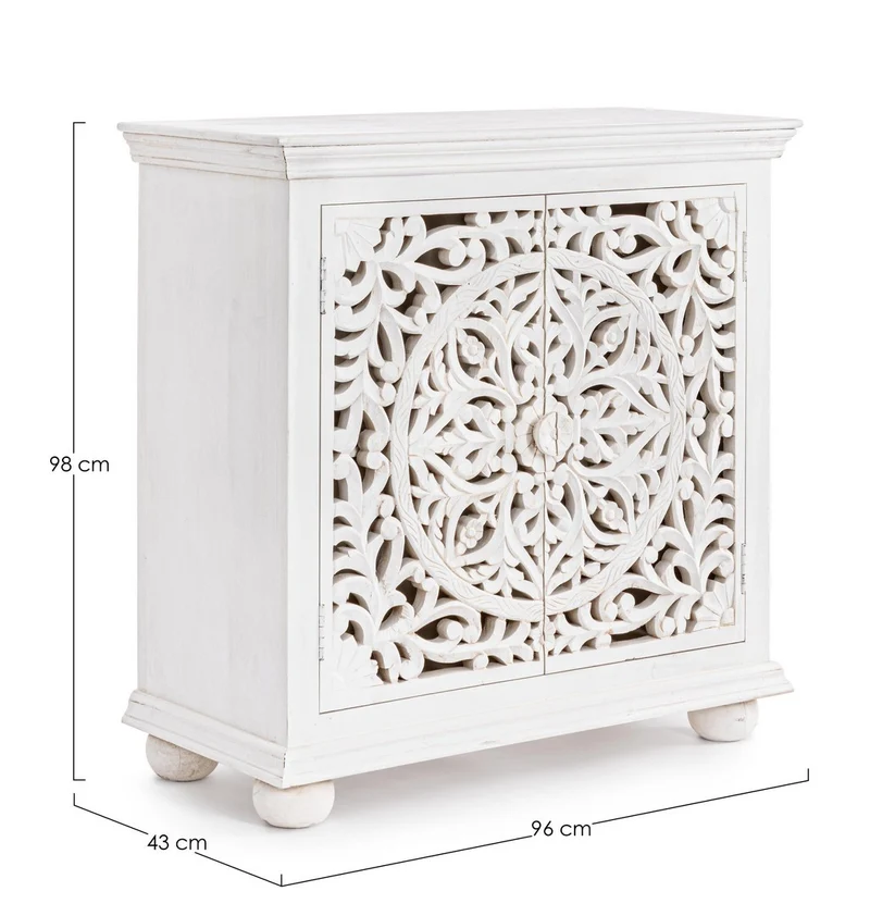Credenza "Alinta" bianca, struttura in legno di mango, con ante intarsiate a mano, stile fusion