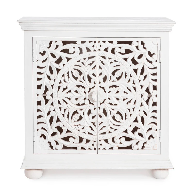 Credenza "Alinta" bianca, struttura in legno di mango, con ante intarsiate a mano, stile fusion