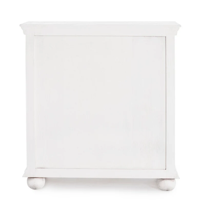Credenza "Alinta" bianca, struttura in legno di mango, con ante intarsiate a mano, stile fusion