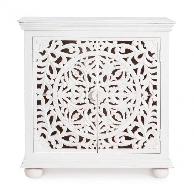 Credenza "Alinta" bianca, struttura in legno di mango, con ante intarsiate a mano, stile fusion